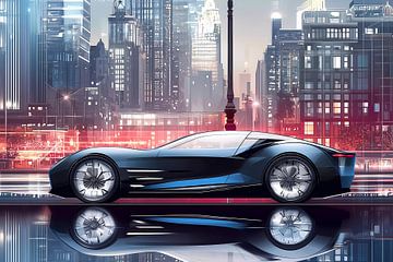A modern car on a city street with trees of a boulevard by Ariadna de Raadt-Goldberg