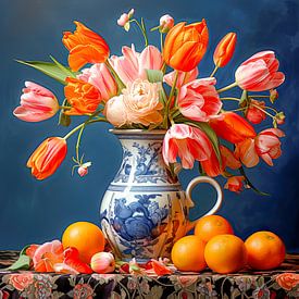 Bouquet de tulipes rose orangé dans un vase en terre cuite bleue sur Vlindertuin Art