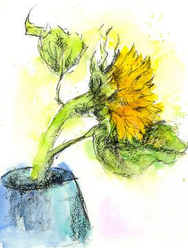 Blaue Vase mit gelber Sonnenblume Aquarell und Kohle von Karen Kaspar