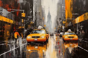 Gele taxi in New York City bij nacht, abstract schilderij van Animaflora PicsStock