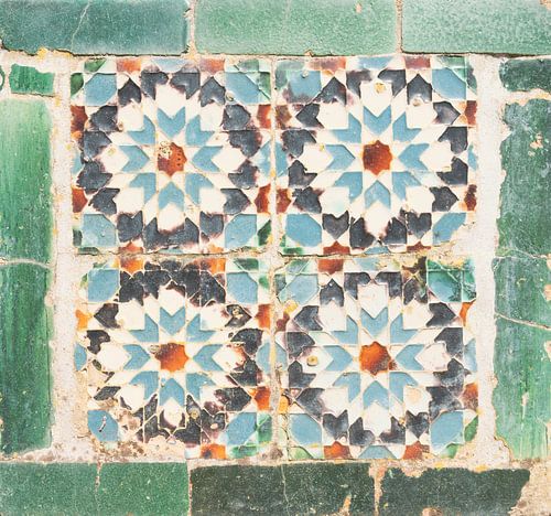 Old azulejos or tiles in Cascais, Portugal art print - green retro pattern, street and travel photography