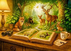 Forest animals rising from open book