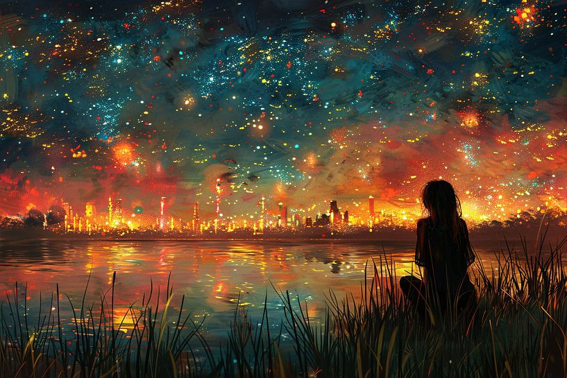 Spiegelungen der Stadt im nächtlichen Wasser von Art & Soul Creations