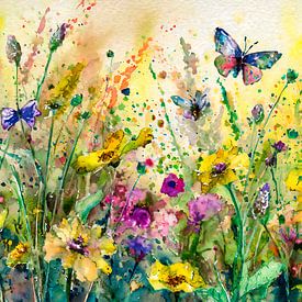 Peinture colorée avec des fleurs sauvages, des herbes et des papillons sur Studio Pieternel