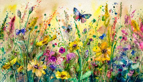 Buntes Gemälde mit Wildblumen, Gräsern und Schmetterlingen