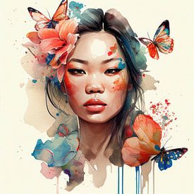 Watercolor Asian Floral Butterfly Muse by Chromatic Fusion Studio