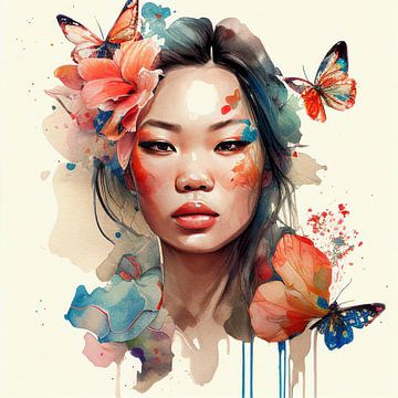 Aquarellblumen Asiatische Frau #1 von Chromatic Fusion Studio