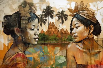 Jonge Cambodjaanse vrouwen bij de Tempels van Angkor Wat van Marc van der Heijden • Kampuchea Art