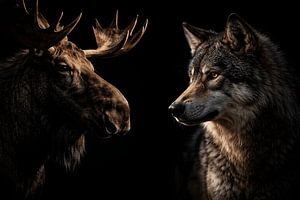 Élan et loup dans un portrait dramatique et discret – rencontre puissante entre deux animaux sauvages emblématiques
