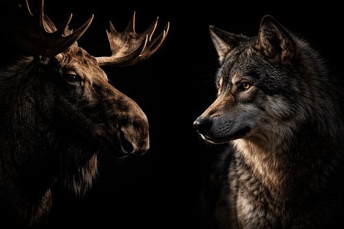 Moose and wolf in dramatic low-key portrait – powerful encounter between two iconic wild animals