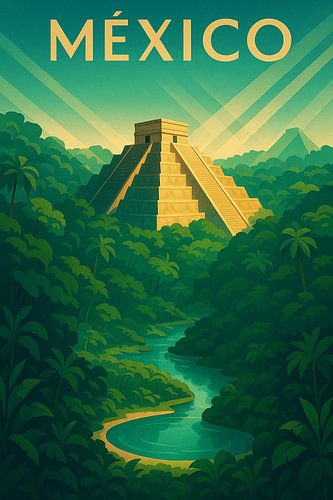 México Art Deco Poster – Chichén Itzá and Jungle Serenity