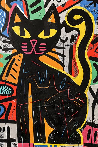 Black cat in colourful street art painting by Art & Soul Creations
