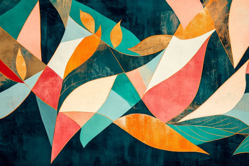 Colourful leaves in a geometric dance by Poster Art Shop