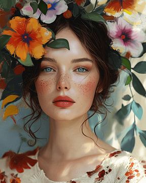 Colourful portrait of a young woman with flowers by Carla Van Iersel