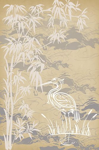Beige Wanddecoratie met Ooievaar, Riet en Water – Minimalistische Natuurkunst