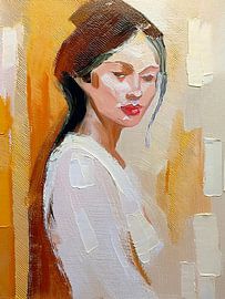 Modern Abstract.  Portret van een Vrouw in wit met Goud en Bruin. van Studio Pieternel