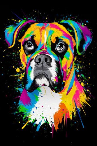 Kleurenspektakel boxer portret - expressieve muurkunst voor hondenliefhebbers