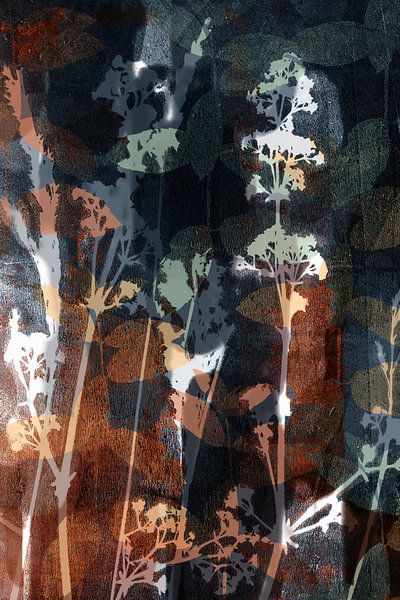 Modern abstract botanical art. Fairytale forest. Flowers in rusty blue by Dina Dankers