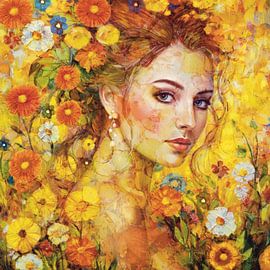 Vrouwenportret met zomerse gele bloemen van Karen Nijst