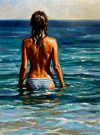 Vrouw staande in kalm oceaanwater van Jan Keteleer