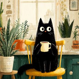 Zwarte kat met kopje in de keuken van Erika Kaisersot