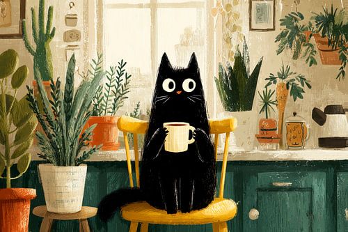 Zwarte kat met kopje in de keuken