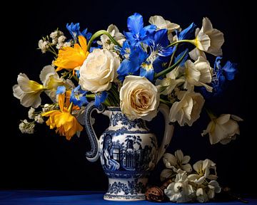 Klassisches Blumenstillleben in Delfter Blau Vase von Vlindertuin Art