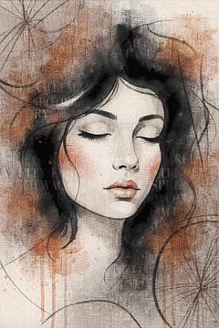 A portrait of a woman with black wavy hair by Emiel de Lange