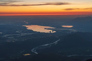 View of the Forggensee, Füssen and Hohenschwangau at sunrise