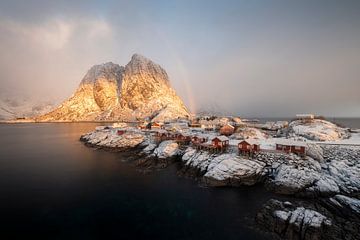 Hamnøy fishermen's cottages in snow and beautiful winter light