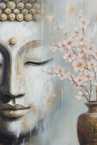 Moderner Japandi Zen Buddha mit Kirschblüten
