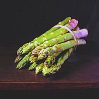 Colour photograph of a bunch of asparagus