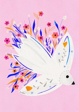 Vogel in bloemen Roze illustratie van Baroo Bloom