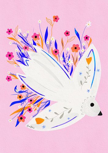 Oiseau dans les fleurs Illustration rose