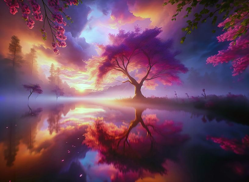Flowering cherry tree, spring landscape at sunrise by Eye on You