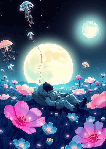 Astronaut in bloemenveld met kwallen