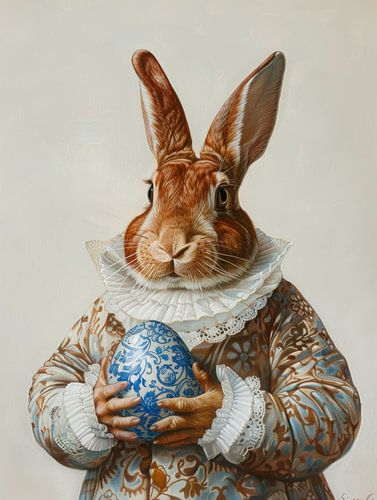 Klassischer Osterhase mit einem Ei im Delfter Blau-Stil von But First Framing