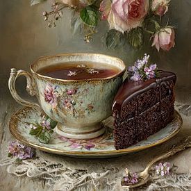 Chocoladetaart met Thee en Rozen - Romantisch Stilleven van Joriali fotografie en schilderijen
