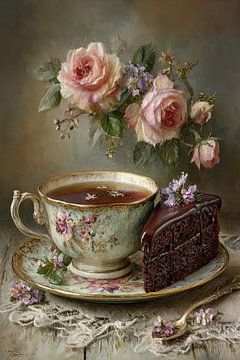 Chocolate Cake with Tea and Roses - Romantic Still Life by Joriali photography and paintings