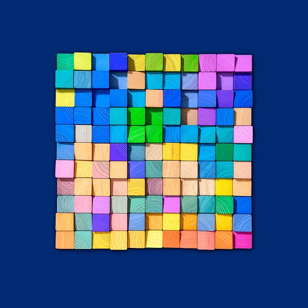Minimalist abstract of wooden cubes on blue by STUDIO MINIMAL ART