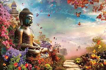 Meditatieve Boeddha in Kleurrijk Bloemenparadijs van Art & Soul Creations