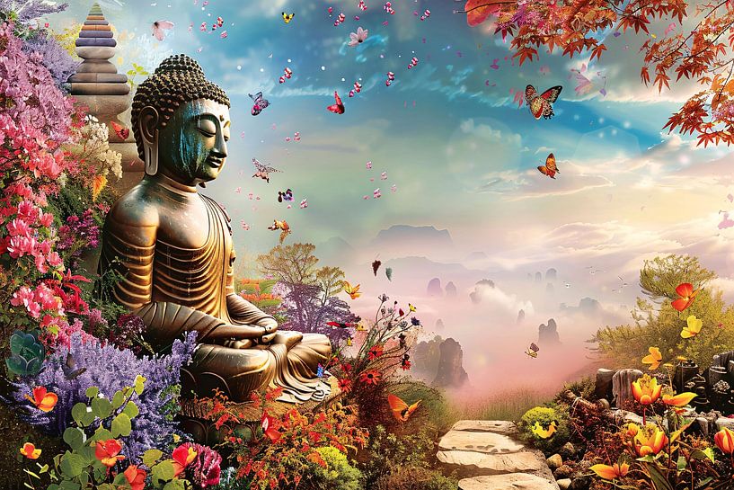 Meditatieve Boeddha in Kleurrijk Bloemenparadijs van Art & Soul Creations