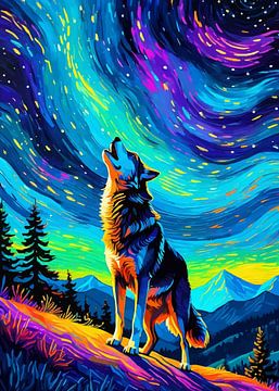 Wolf huilende sterrennacht 2 van MIROKKU