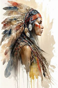 Boho style Indian traditional woman with water colours by Digitale Schilderijen