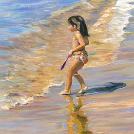 Une petite fille, encore enfant, court courageusement vers la mer. sur Hubertine Heijermans
