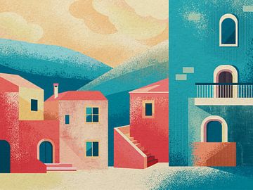 Mediterrane stilte boven pastelkleurige daken van Mixed media vector arts