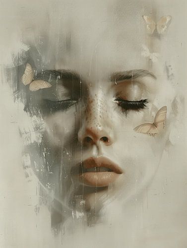 Modern en abstract portret met drie vlinders