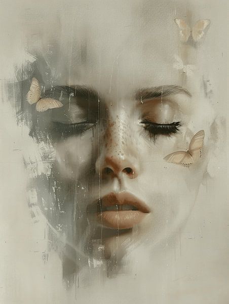 Modern and abstract portrait with three butterflies by Carla Van Iersel