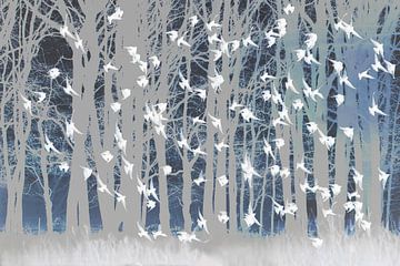 White starlings in a fairytale forest by Lucia Leemans