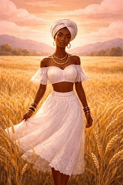 Afrikaanse vrouw in een goudkleurig graanveld